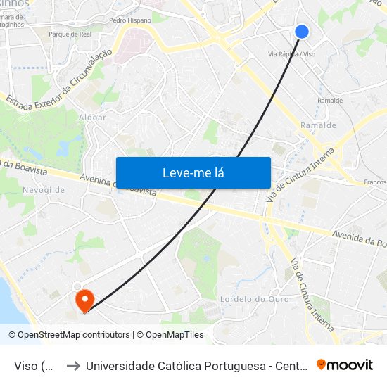 Viso (Metro) to Universidade Católica Portuguesa - Centro Regional do Porto map