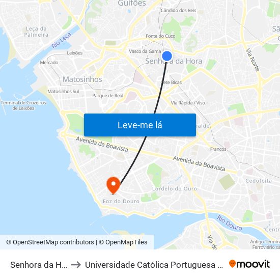 Senhora da Hora (Metro) to Universidade Católica Portuguesa - Centro Regional do Porto map