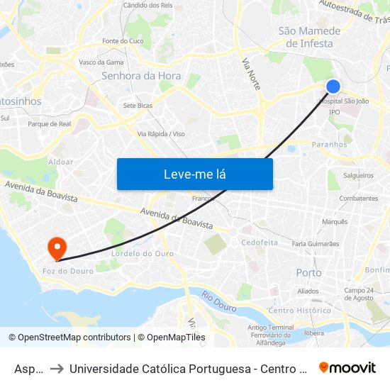 Asprela to Universidade Católica Portuguesa - Centro Regional do Porto map