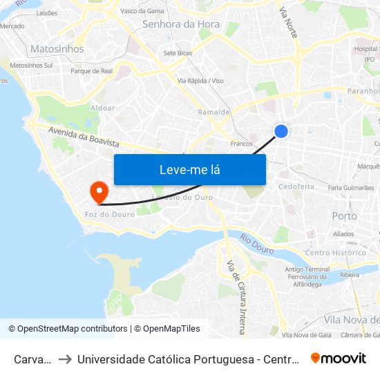 Carvalhido to Universidade Católica Portuguesa - Centro Regional do Porto map