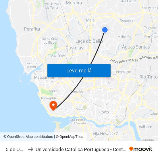 5 de Outubro to Universidade Católica Portuguesa - Centro Regional do Porto map