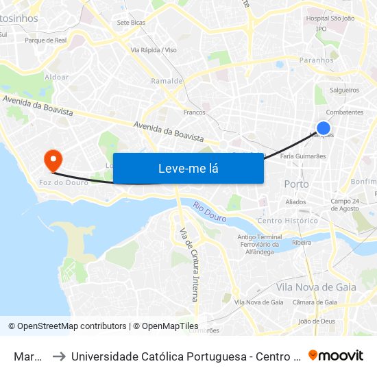 Marquês to Universidade Católica Portuguesa - Centro Regional do Porto map