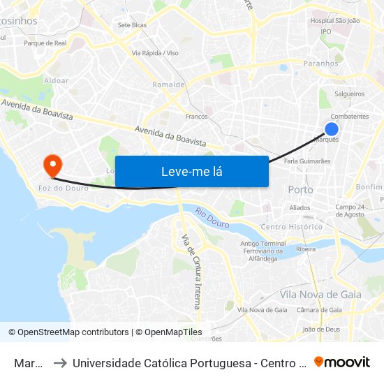 Marquês to Universidade Católica Portuguesa - Centro Regional do Porto map