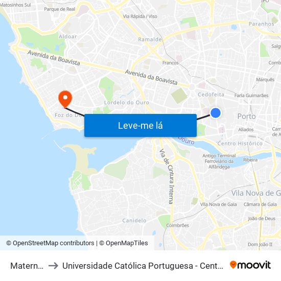 Maternidade to Universidade Católica Portuguesa - Centro Regional do Porto map