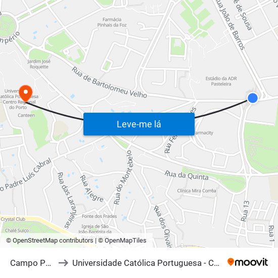 Campo Pasteleira to Universidade Católica Portuguesa - Centro Regional do Porto map