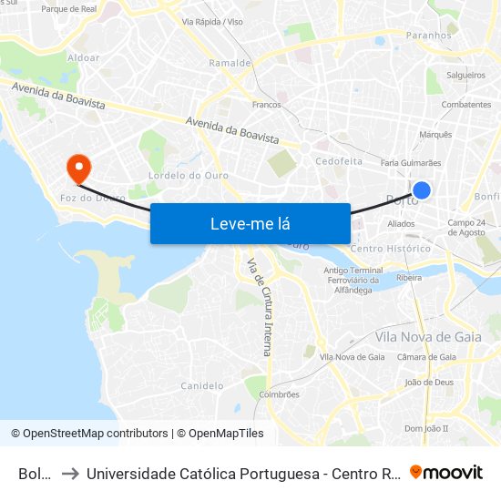 Bolhão to Universidade Católica Portuguesa - Centro Regional do Porto map