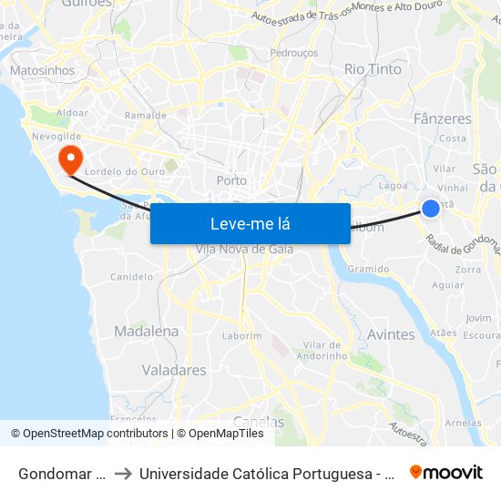 Gondomar (Câmara) to Universidade Católica Portuguesa - Centro Regional do Porto map