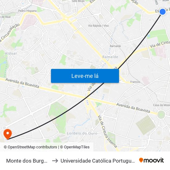 Monte dos Burgos (Circunvalação) to Universidade Católica Portuguesa - Centro Regional do Porto map