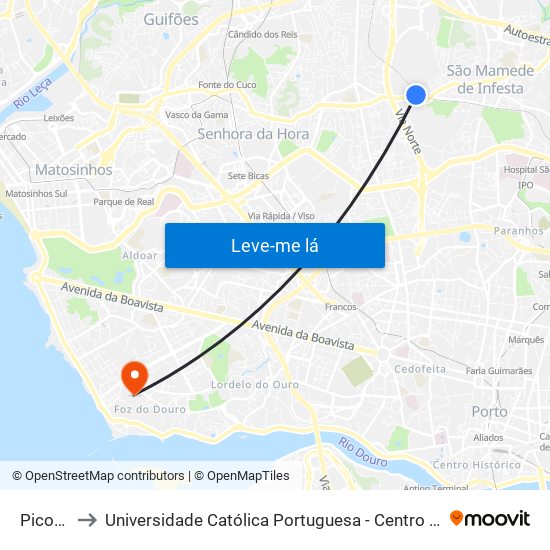 Picoutos to Universidade Católica Portuguesa - Centro Regional do Porto map