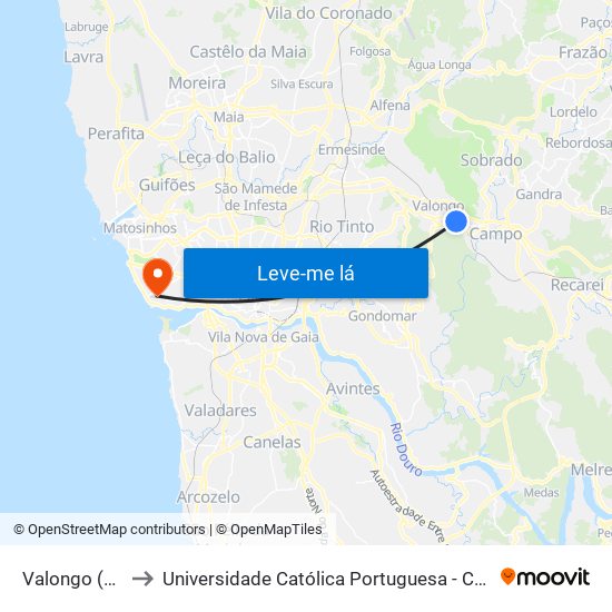 Valongo (Estação) to Universidade Católica Portuguesa - Centro Regional do Porto map