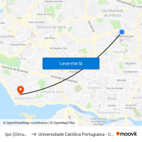 Ipo (Circunvalação) to Universidade Católica Portuguesa - Centro Regional do Porto map