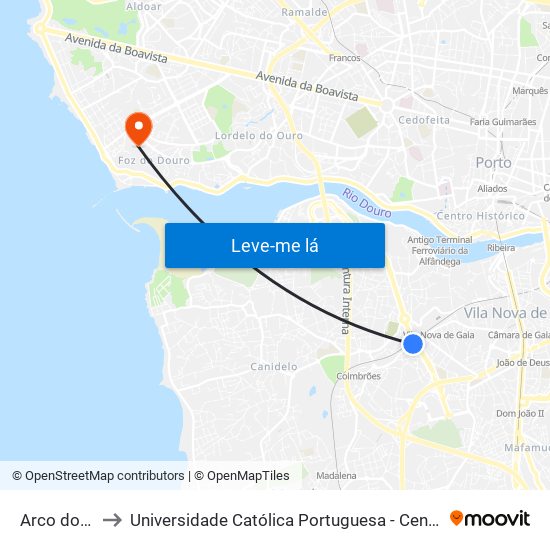 Arco do Prado to Universidade Católica Portuguesa - Centro Regional do Porto map