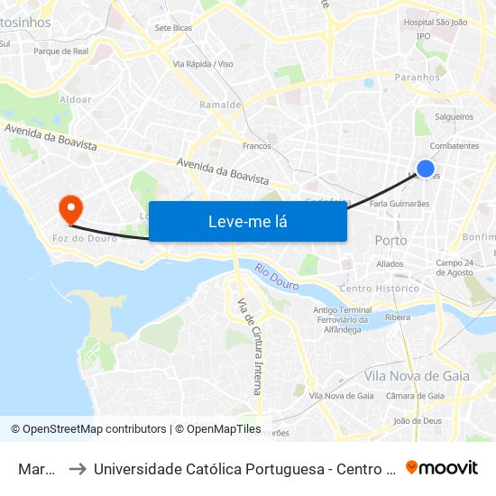 Marquês to Universidade Católica Portuguesa - Centro Regional do Porto map