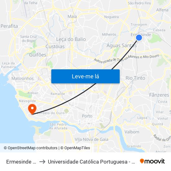 Ermesinde (Estação) to Universidade Católica Portuguesa - Centro Regional do Porto map
