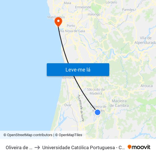 Oliveira de Azeméis to Universidade Católica Portuguesa - Centro Regional do Porto map