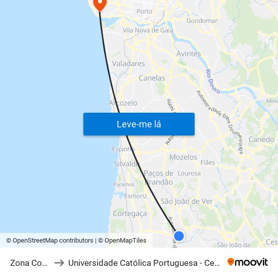 Zona Comercial to Universidade Católica Portuguesa - Centro Regional do Porto map