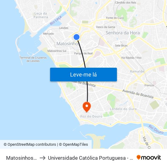 Matosinhos (Tribunal) to Universidade Católica Portuguesa - Centro Regional do Porto map