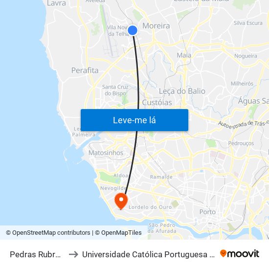 Pedras Rubras (Estação) to Universidade Católica Portuguesa - Centro Regional do Porto map