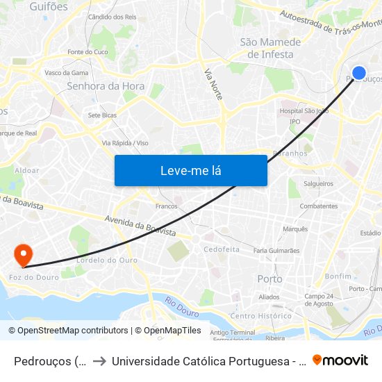 Pedrouços (Cemitério) to Universidade Católica Portuguesa - Centro Regional do Porto map