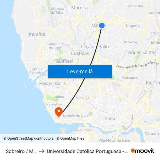 Sobreiro / Maia (Plaza) to Universidade Católica Portuguesa - Centro Regional do Porto map