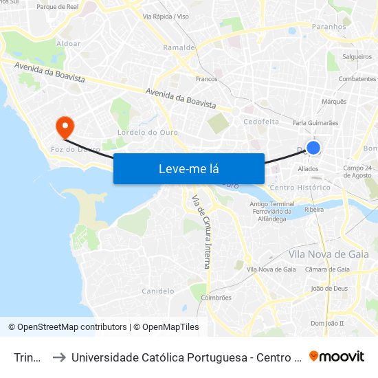 Trindade to Universidade Católica Portuguesa - Centro Regional do Porto map