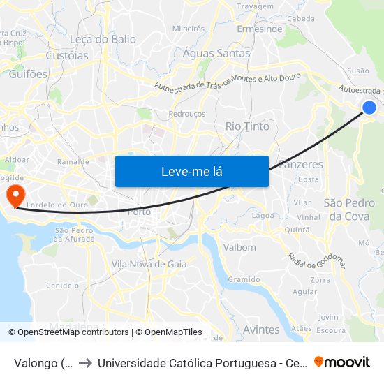 Valongo (Centro) to Universidade Católica Portuguesa - Centro Regional do Porto map