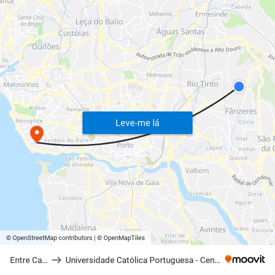 Entre Cancelas to Universidade Católica Portuguesa - Centro Regional do Porto map