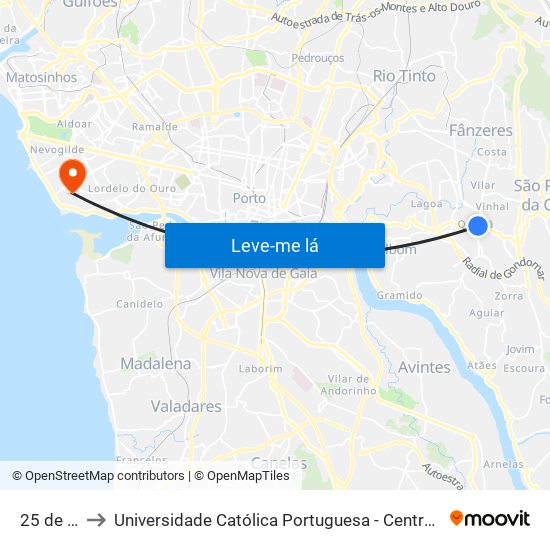 25 de Abril to Universidade Católica Portuguesa - Centro Regional do Porto map