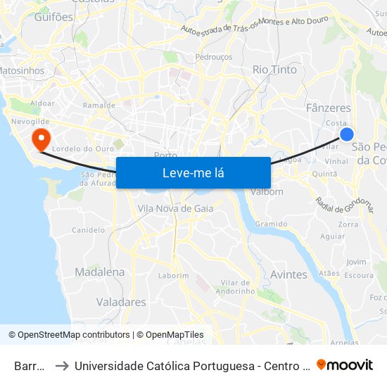 Barreiros to Universidade Católica Portuguesa - Centro Regional do Porto map