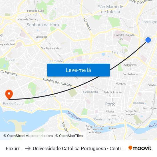 Enxurreiras to Universidade Católica Portuguesa - Centro Regional do Porto map
