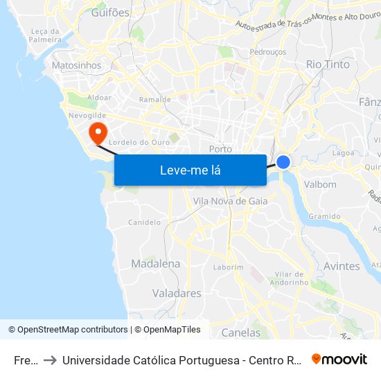 Freixo to Universidade Católica Portuguesa - Centro Regional do Porto map