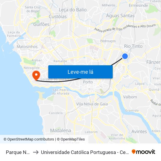 Parque Nascente to Universidade Católica Portuguesa - Centro Regional do Porto map