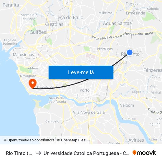 Rio Tinto (Estação) to Universidade Católica Portuguesa - Centro Regional do Porto map