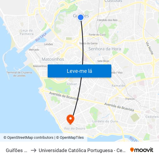 Guifões (Igreja) to Universidade Católica Portuguesa - Centro Regional do Porto map