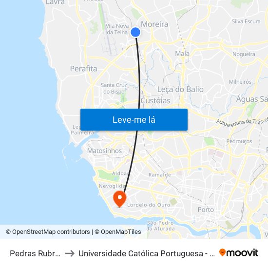 Pedras Rubras (Metro) to Universidade Católica Portuguesa - Centro Regional do Porto map