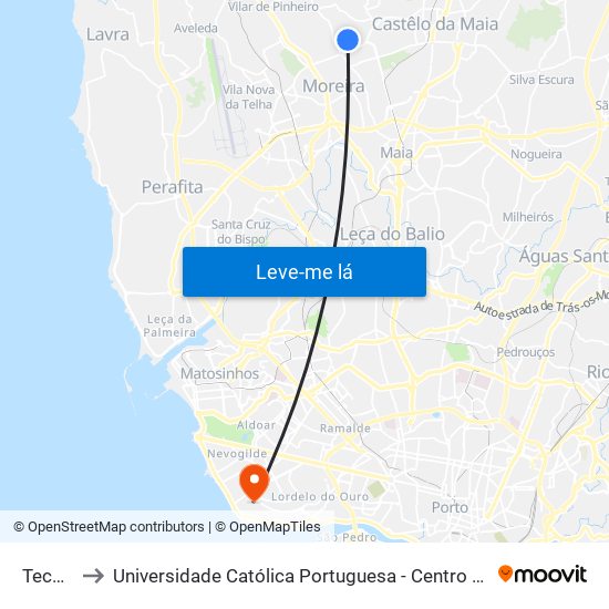 Tecmaia to Universidade Católica Portuguesa - Centro Regional do Porto map