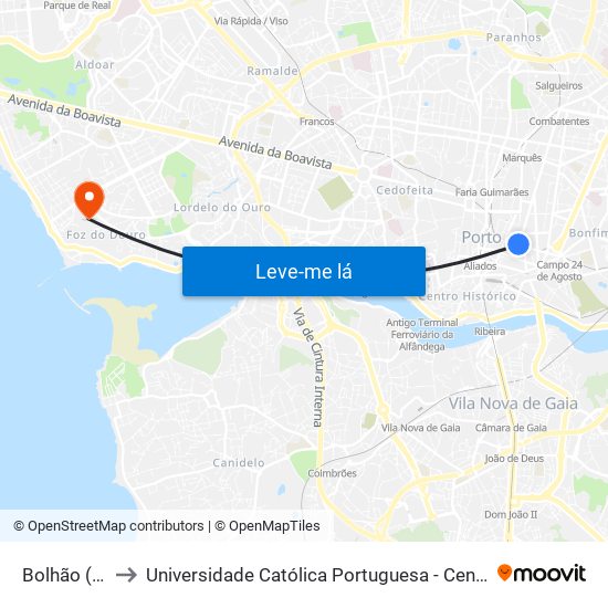 Bolhão (Metro) to Universidade Católica Portuguesa - Centro Regional do Porto map
