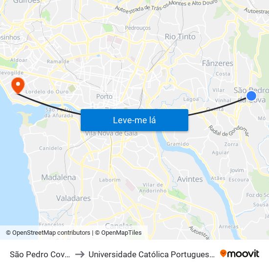 São Pedro Cova (Rio Ferreira) to Universidade Católica Portuguesa - Centro Regional do Porto map