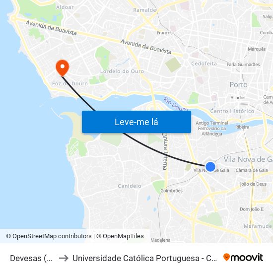 Devesas (Estação) to Universidade Católica Portuguesa - Centro Regional do Porto map