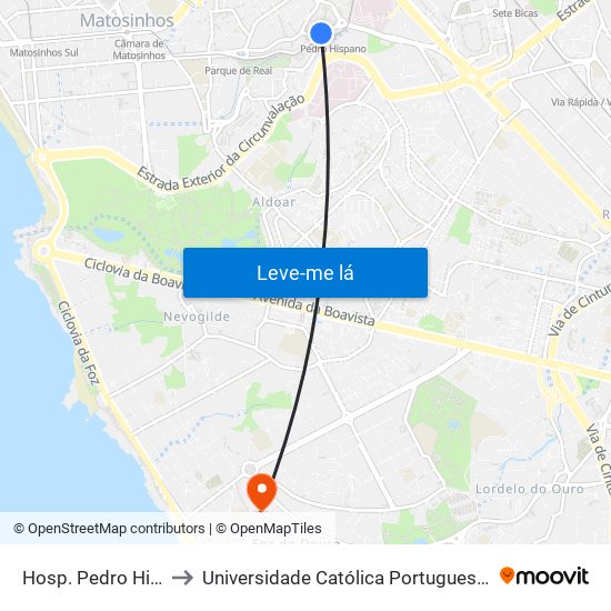 Hosp. Pedro Hispano (Metro) to Universidade Católica Portuguesa - Centro Regional do Porto map