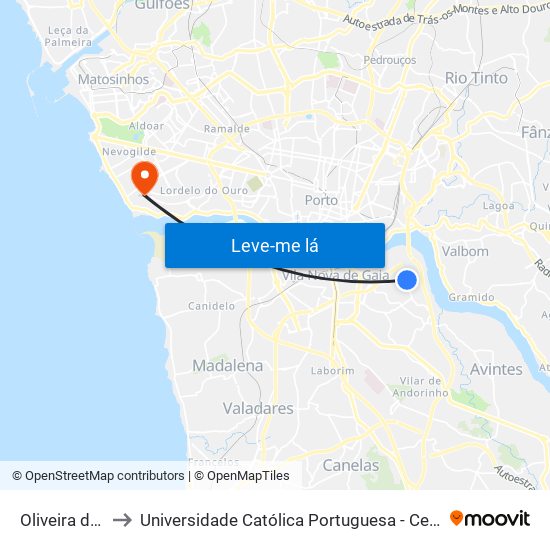 Oliveira do Douro to Universidade Católica Portuguesa - Centro Regional do Porto map