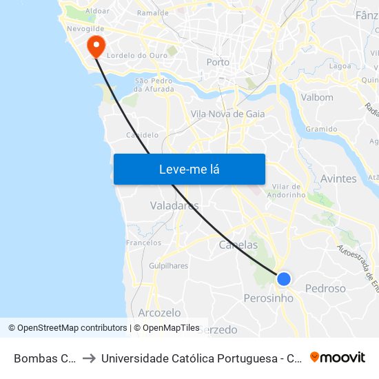 Bombas Carvalhos to Universidade Católica Portuguesa - Centro Regional do Porto map