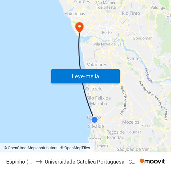 Espinho (Tribunal) to Universidade Católica Portuguesa - Centro Regional do Porto map