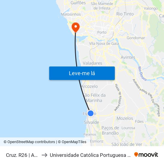 Cruz. R26 to Universidade Católica Portuguesa - Centro Regional do Porto map