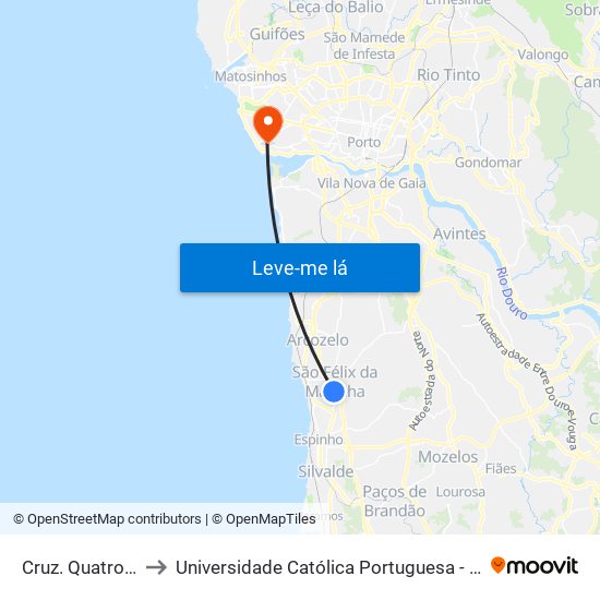 Cruz. Quatro Caminhos to Universidade Católica Portuguesa - Centro Regional do Porto map