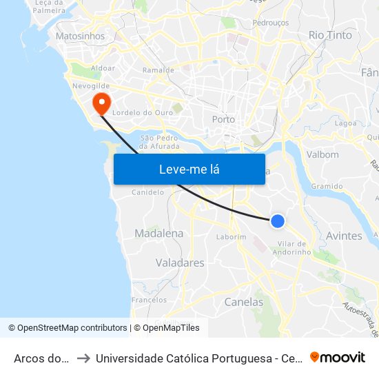 Arcos do Sardão to Universidade Católica Portuguesa - Centro Regional do Porto map