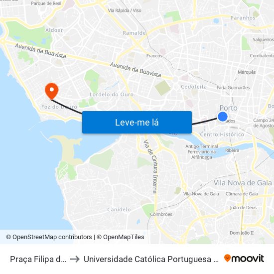 Praça Filipa de Lencastre to Universidade Católica Portuguesa - Centro Regional do Porto map