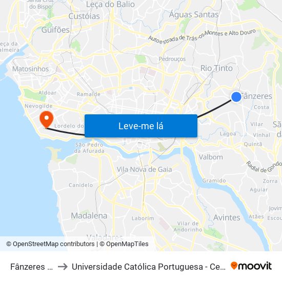 Fânzeres (Metro) to Universidade Católica Portuguesa - Centro Regional do Porto map