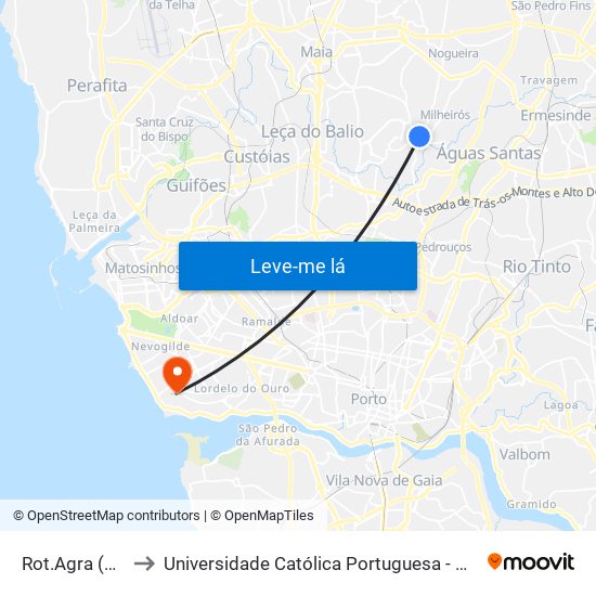 Rot.Agra (Milheirós) to Universidade Católica Portuguesa - Centro Regional do Porto map