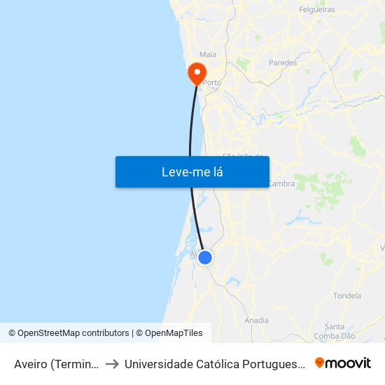 Aveiro (Terminal Rodoviário) to Universidade Católica Portuguesa - Centro Regional do Porto map